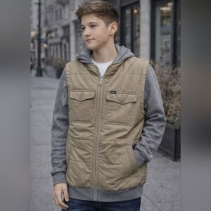 RVCA Boys XL Puffer Jacket Hooded Zip Up Tan Gray Hybrid Coat Streetwear